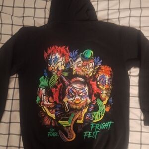 Six Flags Fright Fest Black Sweatshirt Hoodie Neon Graphic Creepy Clowns Mens M